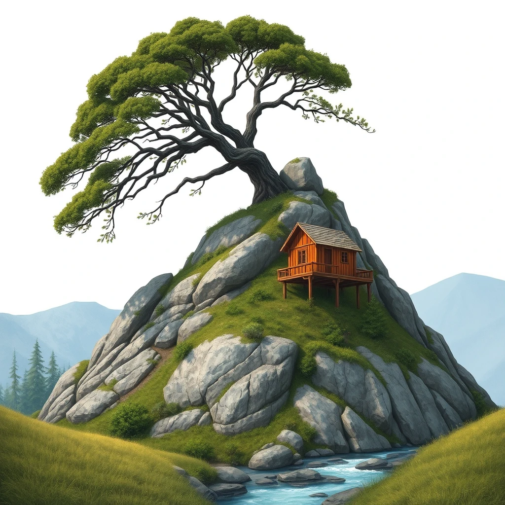 There is a mountain, at the foot of which there is a small river, on the top of the mountain there is a big tree, and under the big tree on the mountain top there is a wooden house. - Image