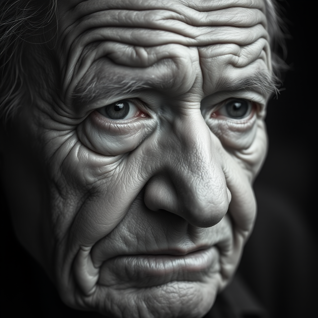 Realistic close-up portrait of an elderly man with deep wrinkles and a solemn, sad expression, his eyes reflecting years of life experience and sorrow, soft and diffused lighting gently highlighting his features, 4K ultra-high definition, monochromatic color scheme with subtle variations of grey to enhance the emotional tone, Canon EOS R5, 85mm, f2.0, shallow depth of field with the background softly blurred to keep the focus on his face. - Image