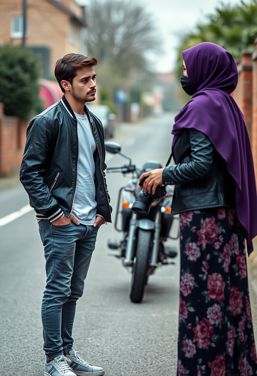 Jamie Dornan and Freddie Prinze head and body shot, handsome, young, serious face, dark brown hair, white T-shirt, collage jacket, skinny jeans, sneakers, standing, talking to each other with the biggest purple hijab Muslim girl, beautiful eyes, face mask, black leather jacket, biggest floral skirt, holding a Canon DSLR camera, near a town road, superbike, hyper-realistic, street photography, brick wall, full body photo.