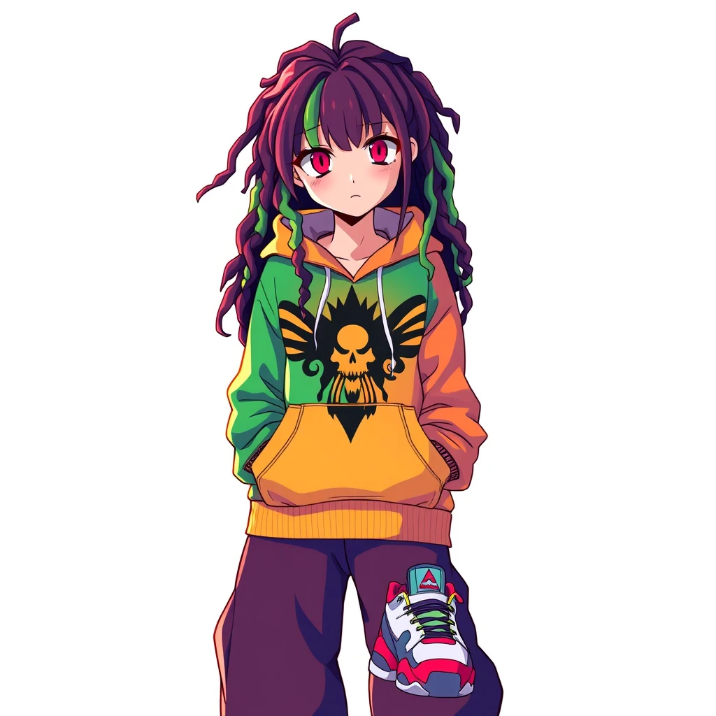 Girl with red eyes and rainbow dreadlocks, wearing a colorful hoodie with a striking design, very wide pants, and creative sneakers, anime.