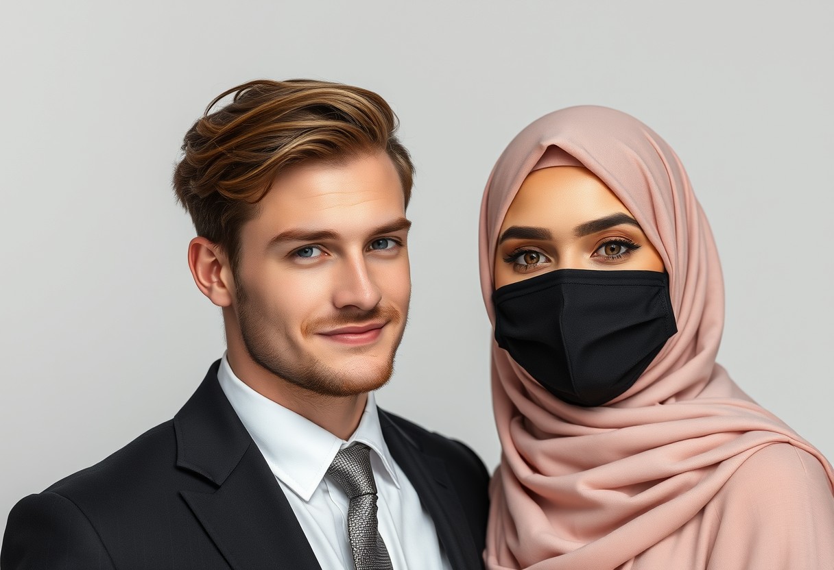 Jamie Dornan's head and body shot, handsome, young, shy smile, white shirt half buttoned, grey patterned tie, black coat suit, dating a girl with the biggest soft pink hijab, beautiful eyes, black face mask, biggest floral jubba, hyper realistic, studio photography, full photo. - Image