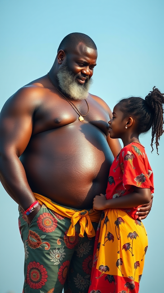 A dad with a huge body and dark skin, wearing nice colorful clothes, talks to his black daughter. - Image