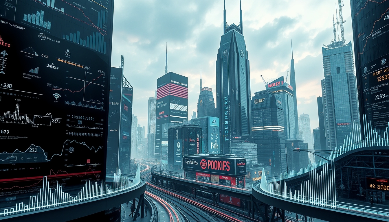 Futuristic Urban Landscape of Business Icons and Graphs in High Contrast Visuals