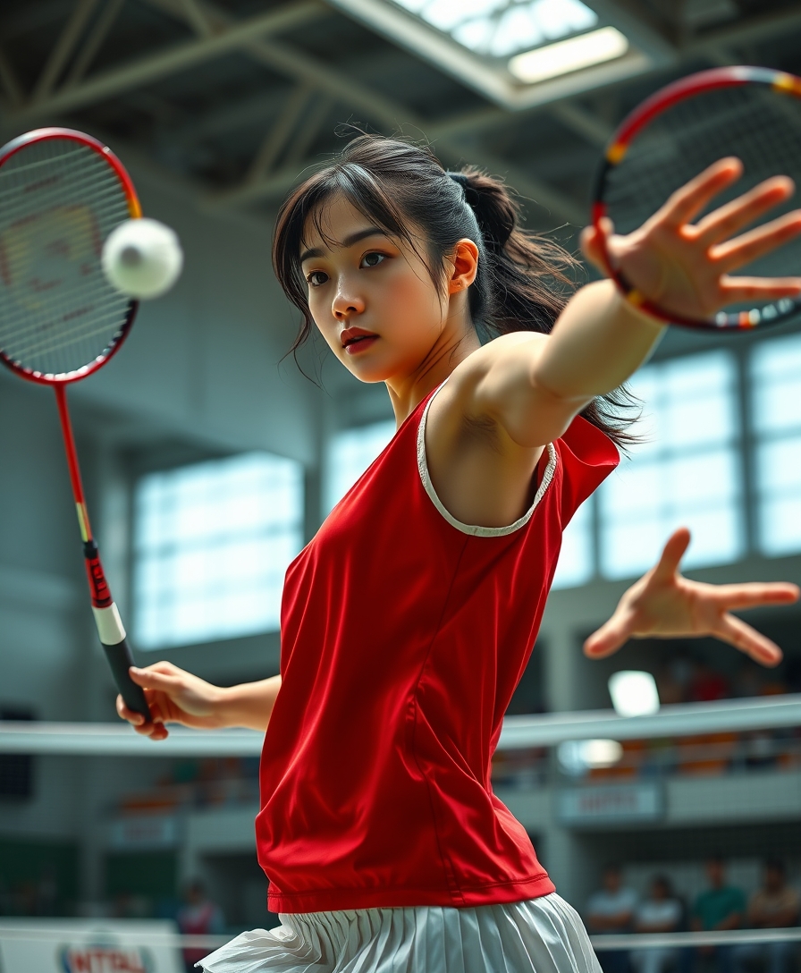 A detailed, realistic portrait of a young woman playing badminton in an indoor sports arena. The woman is wearing a bright red jersey and is mid-swing, her body in a dynamic, athletic pose as she focuses intently on the shuttlecock. The background is blurred, with glimpses of the court, net, and spectator stands visible. The lighting is natural and directional, creating shadows and highlights that accentuate the woman's features and muscular definition. The overall composition conveys a sense of energy, movement, and the intensity of the game. The image is highly detailed, with a photorealistic quality that captures the textures of the woman's clothing, skin, and the badminton equipment. 

A woman with a beautiful face like a Japanese idol, she is wearing a white pleated skirt. 

Badminton rackets and shuttlecocks with dynamic swings and motion blur. 
Depiction of the human body with a flawless personality.