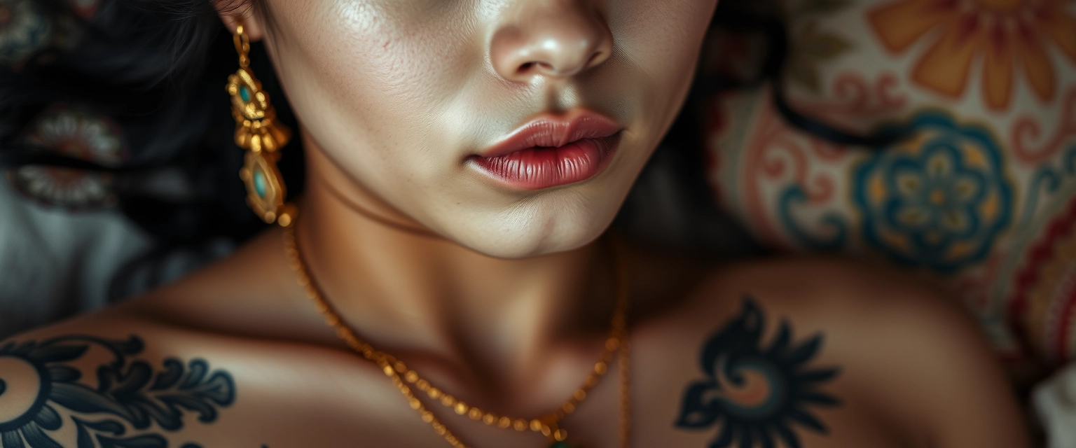 Close-up view of the tattooed chest of a fair-skinned Korean Indian woman with beautiful facial features, blue eyes, wearing gold ornaments, sleeping.