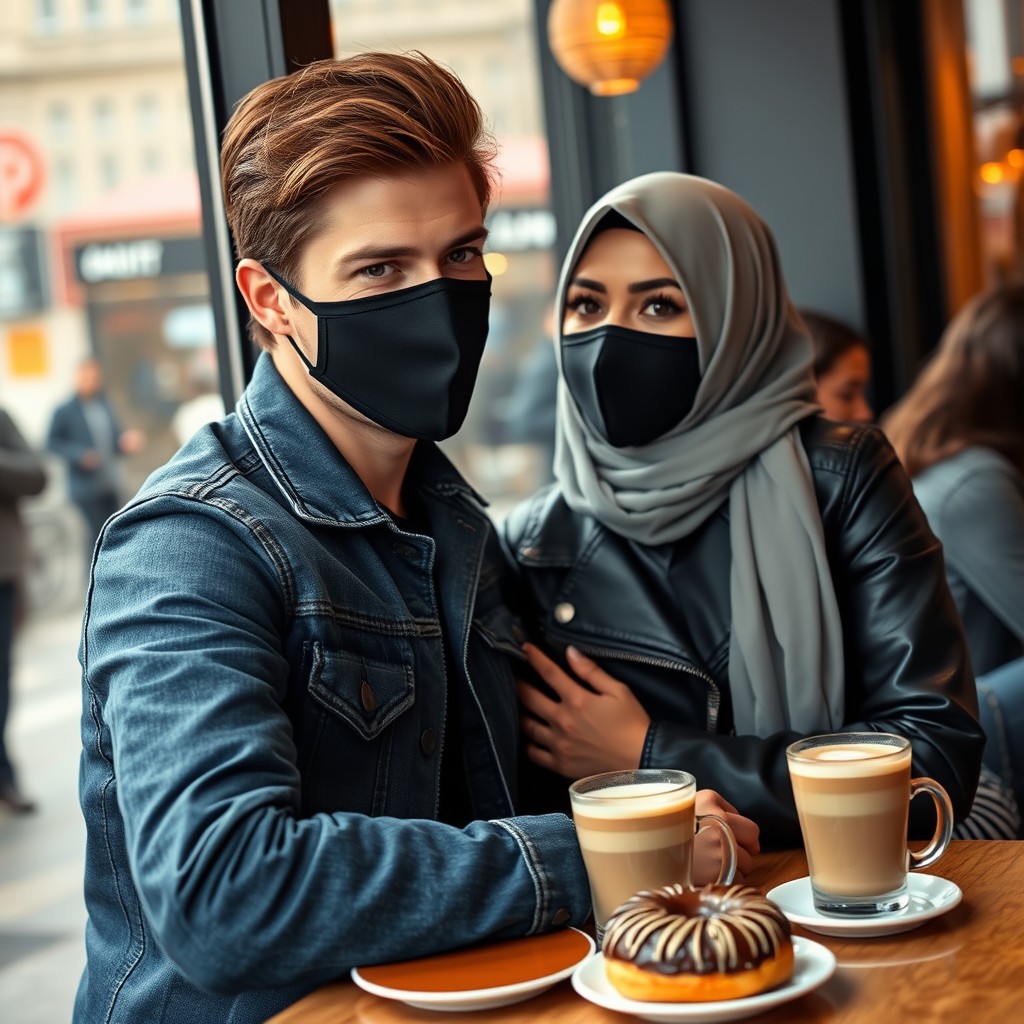 Jamie Dornan's head and body shot, handsome, face mask black, blue jeans jacket, jeans, dating love with grey hijab Muslim girl, beautiful eyes, face mask black, black leather jacket, biggest zebra pattern skirt, at cafe, 2 cups of latte, muffin cake, choco donut on a table, with another 3 friends, photorealistic, hyper-realistic, street photography, selfie. - Image