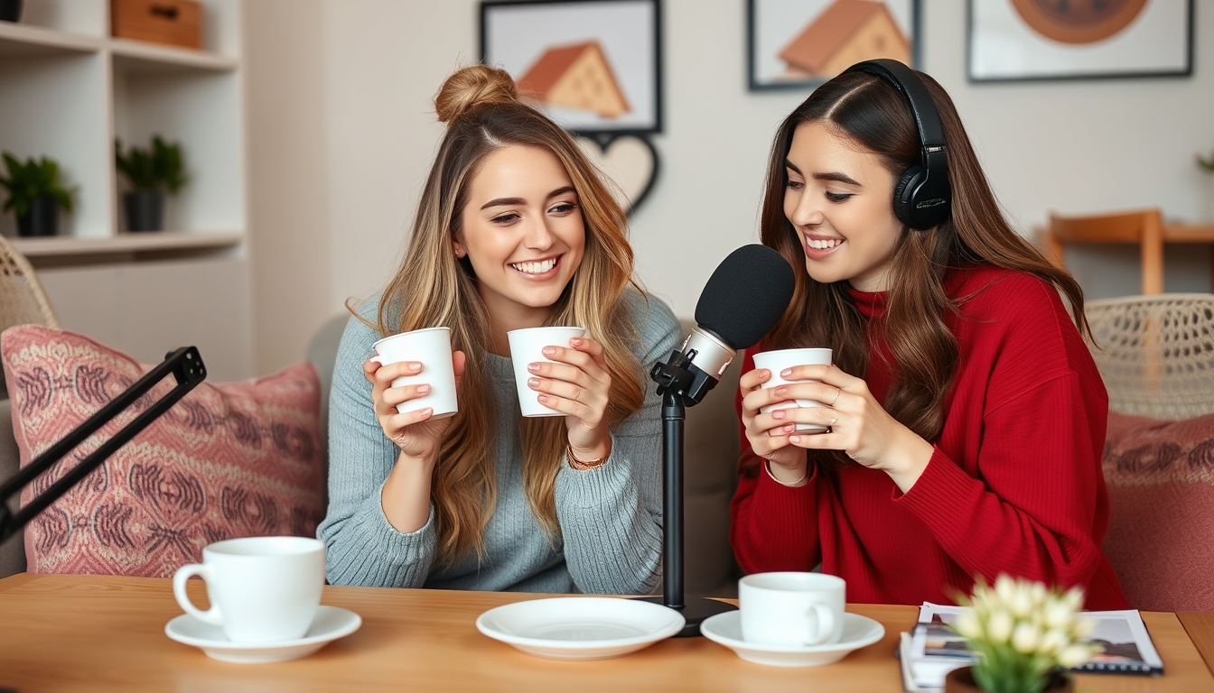 Young women with coffee cups recording podcast at home