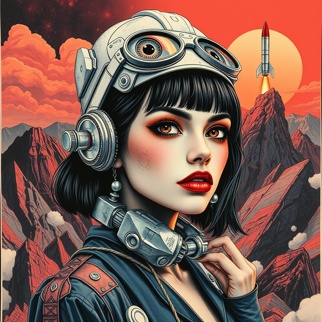 Fashion model beauty niji girl LGBTQ nice curves perspective pop rock fluo collage sci-fi steampunk machinery extra dust particle cloud octane render and paper art ink art Melies, Jules Verne, big eyes creature from hell, burning mountain, sad human climbing the sky, rocket.