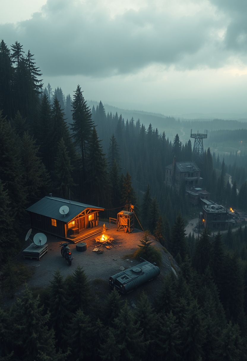 Photo realistic drone shot in a thick evergreen forest of a wooden outpost next to a cabin, a small campfire, a pile of rusty parts, some old motorbikes, an old armored vehicle, a wooden watchtower all on a large hill with satellite dishes next to a radio tower, all in a hilly landscape. There are yellow, orange, red and faint green glows emitting from the cabin and the outpost. In the distance there's an old overgrown town with brick buildings that's barely visible, with only faint glows emitting from a few of the windows and a small campfire barely visible. Sprinkled in the distance are small and slightly hidden outposts, old structures, radio towers, shacks, and watchtowers. The entire landscape is covered in a jungle of tall evergreen trees, with occasional wet gravel and rich dirt roads winding through. The weather is warm, rainy, and cozy under a cloudy sky with a post apocalyptic atmosphere and retro liminal feeling to it.