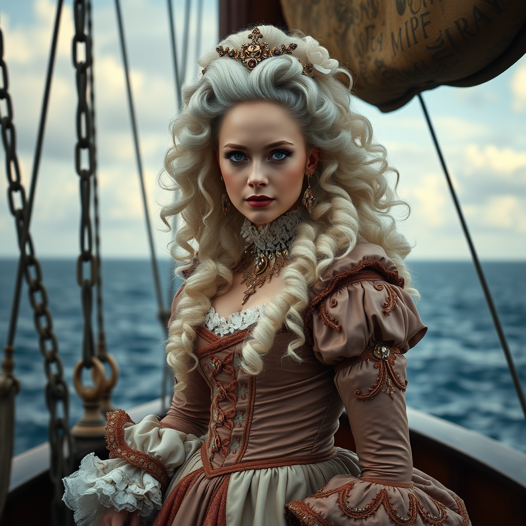 "Rococo Daenerys as Marie Antoinette", on a pirate ship, ocean, cinematic, elaborate gown, rococo hair, head and shoulders portrait.