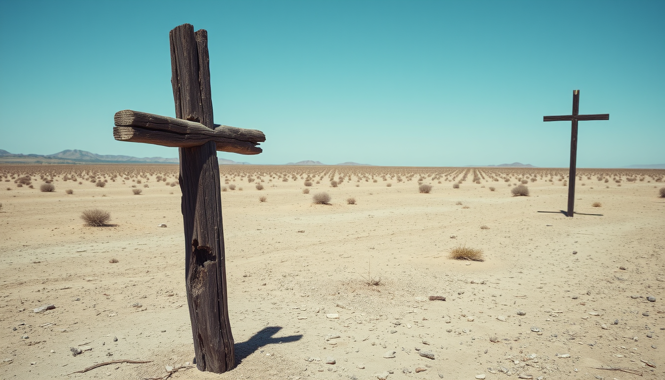 An old wooden cross in the middle of a barren desert. The cross is standing upright on the right side of the image. The cross is falling apart and is made of badly dry rot damaged dark wood and appears to be weathered and aged. The overall scene is desolate.