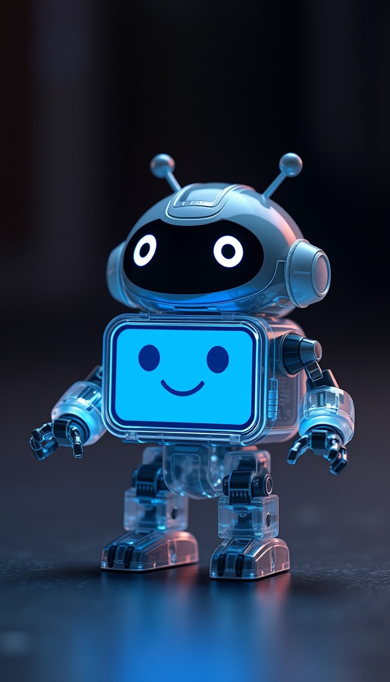 Cute aesthetic, a tiny cute translucent polycarbonate robot with an LED screen face, emoticon, stunning unreal engine render, intricate details.