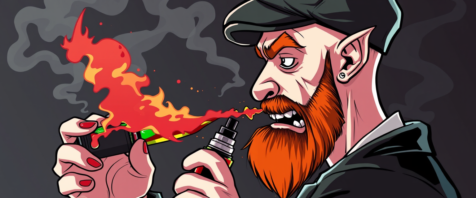 Three-quarter view cartoon demonized white human male, bald with a short fiery ginger beard, wearing a vintage flat cap. He's exhaling vapor clouds from a sleek vape mod, dripping with vibrant e-liquids, featuring gothic elements and a smoky, mischievous atmosphere. - Image