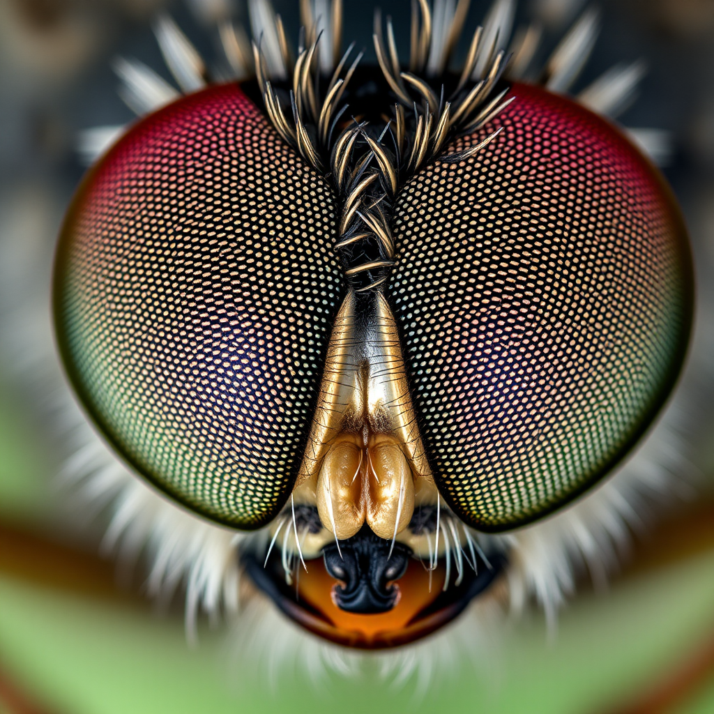 Ultra-realistic macro photography of a fly’s compound eyes, showing intricate details and textures, including the tiny facets and fine hairs around the eyes, even diffused lighting to avoid harsh reflections and to highlight the complex structure, ultra-high definition with sharp details, natural color palette with slight contrast to emphasize the patterns and depth, Canon EOS R5, 100mm macro lens, extreme close-up with shallow depth of field, the background softly blurred to keep full focus on the eyes.