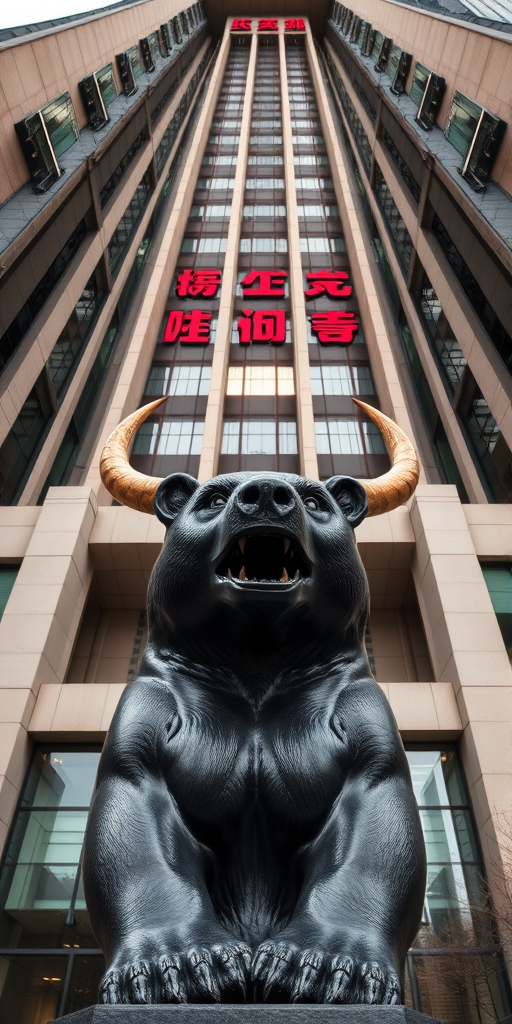 "From 100 meters away, looking down at a 45-degree angle from the air, there is a bear statue with horns outside the Shanghai Stock Exchange."