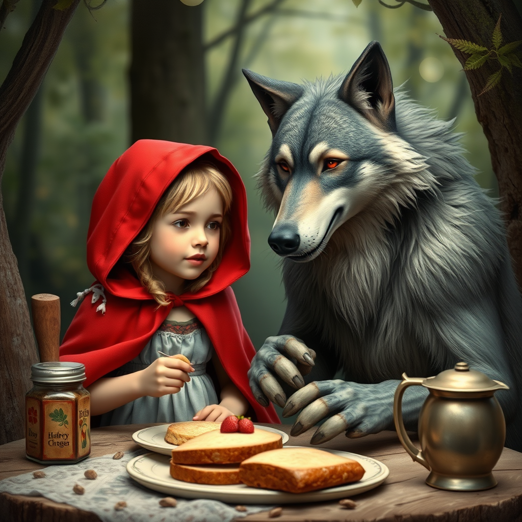 'Little Red Riding Hood and the Wolf have breakfast. The wolf looks friendly in a photorealistic way.'