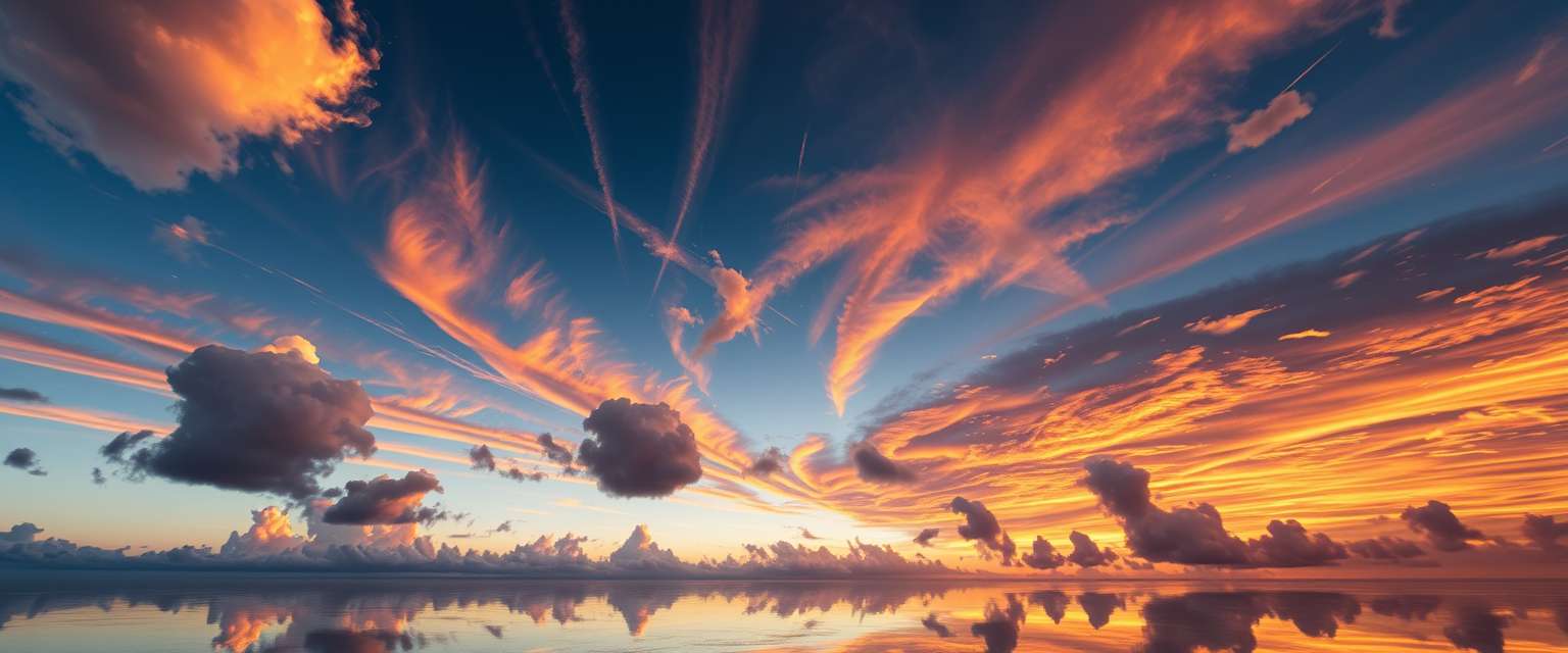 fiery, clouds, high quality, photorealistic, sky, reflection, serene