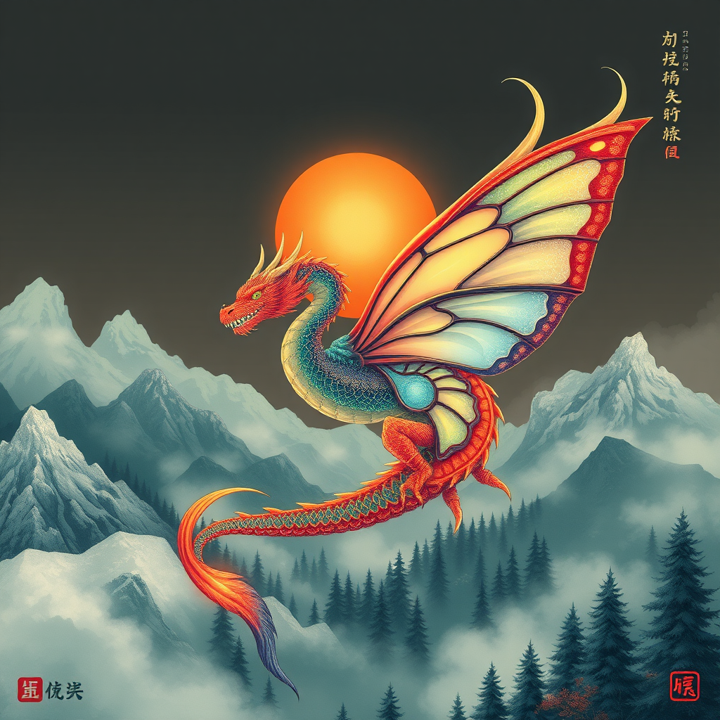 "The fusion of dragon and butterfly, soaring between the mountains and forests." - Image