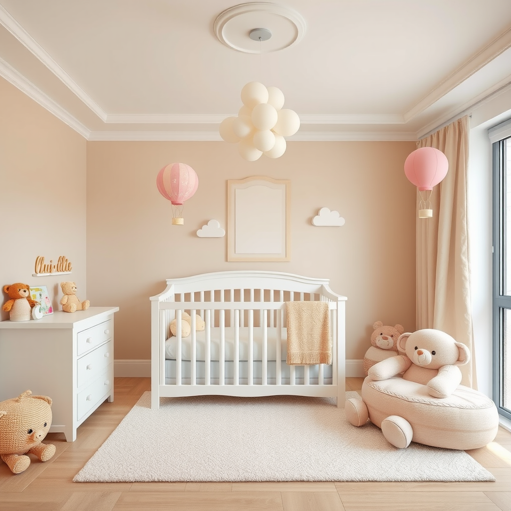 A nursery for my baby girl, color beige and white and light pink, with small toys, with teddy bear and air balloon theme.