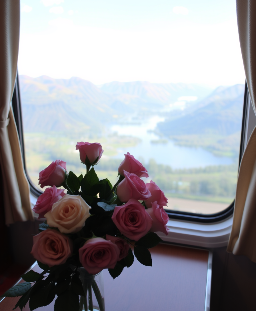 A bouquet of roses sitting on a table in a cozy compartment, a stunning view opens outside the train window. - Image