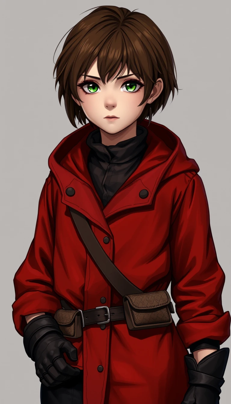 A young girl of 18 years old, brown hair, green eyes, short hair, red raincoat, dark brown linen shirt, small belt bag attached to the belt and shoulder, black pants, leather gloves. RPG. Middle Ages. Dark Fantasy.