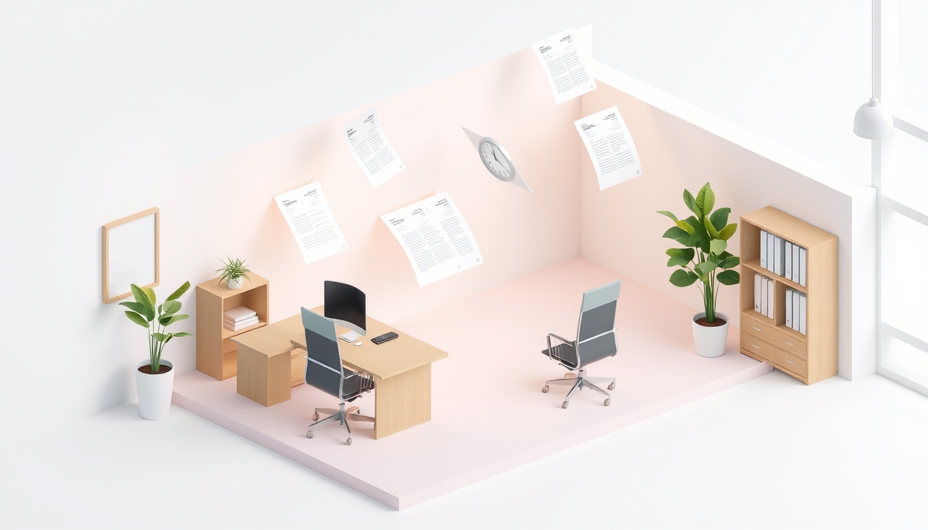 Modern Isometric Office Space with Floating Financial Documents in Soft Tones