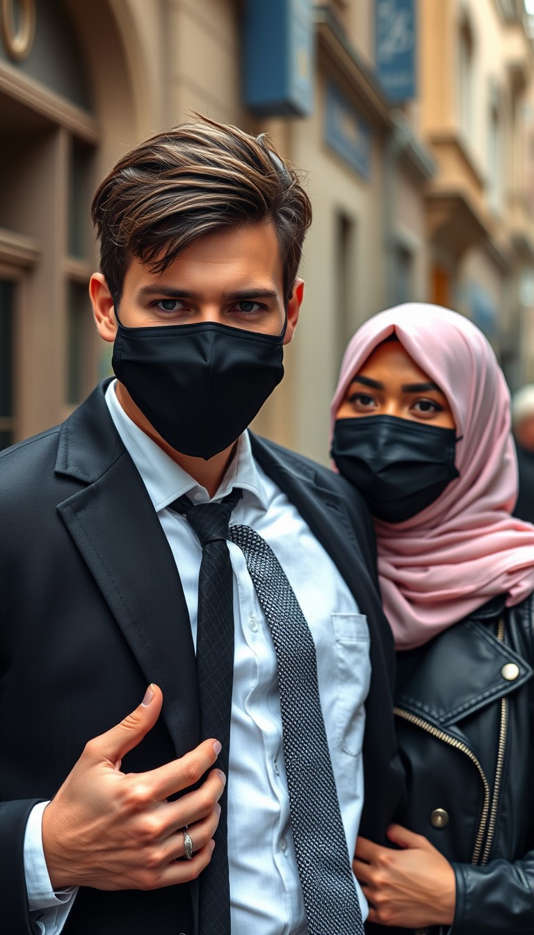 Jamie Dornan's head and body shot, handsome, young, black face mask, half-button white shirt, grey patterned tie, black coat suit, dating with the biggest soft pink hijab girl, beautiful eyes, black leather jacket, black face mask, the biggest floral skirt, hyper-realistic, street photography. - Image