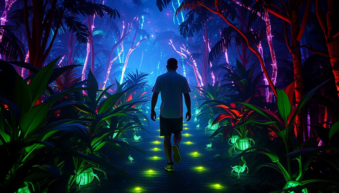 This then transitions to them walking through a pathway of bioluminescent plants and creatures, lighting up with every step. The glowing colors create a dreamlike atmosphere, where reality and fantasy intertwine. Surreal and vivid, combining the raw, untamed beauty of the Amazon Jungle with otherworldly psychedelic visuals and futuristic, neon-lit cyberpunk elements. - Image