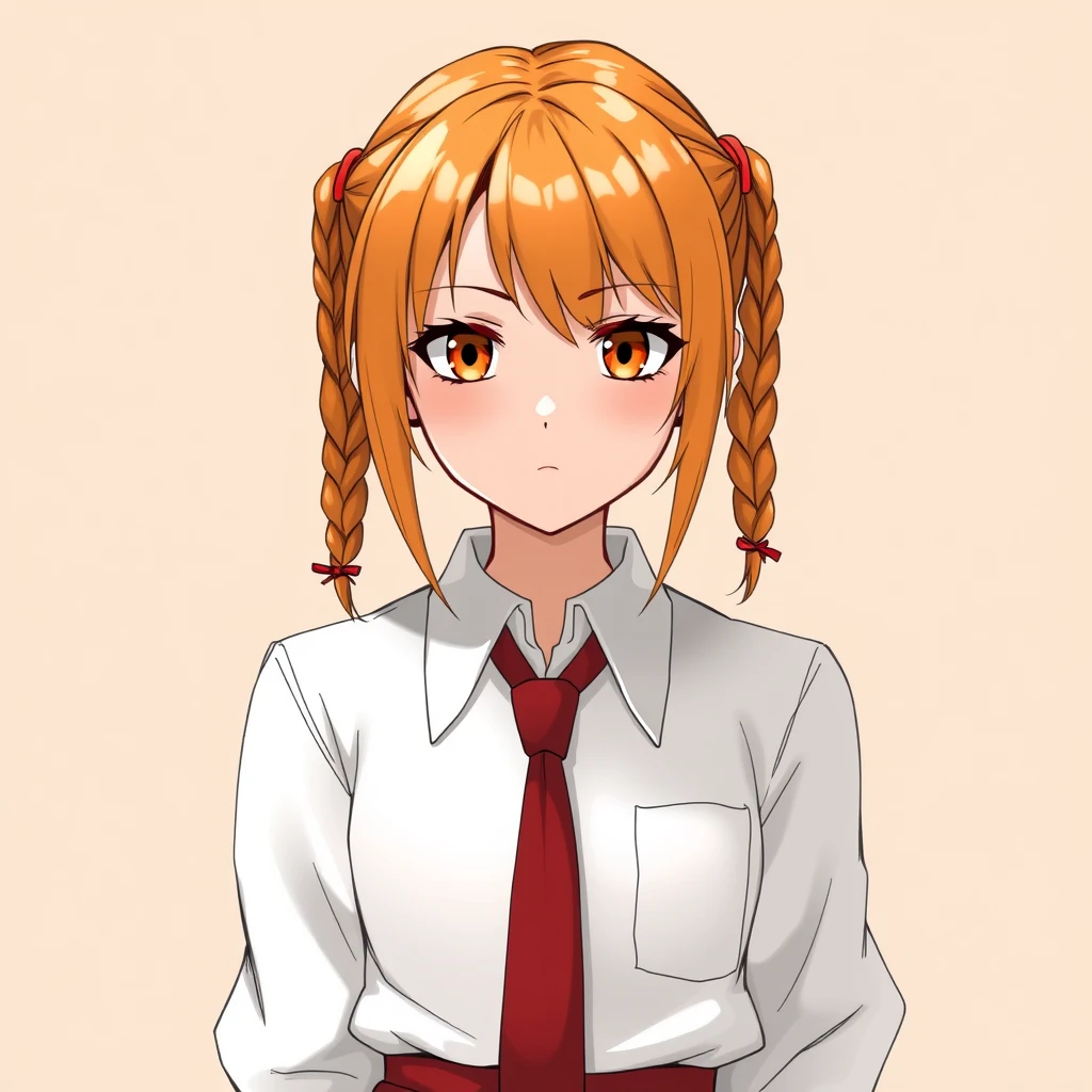 A girl in a white shirt with a red tie and a skirt. Appearance: orange hair, braided in two small pigtails and orange eyes, a sly look. - Image