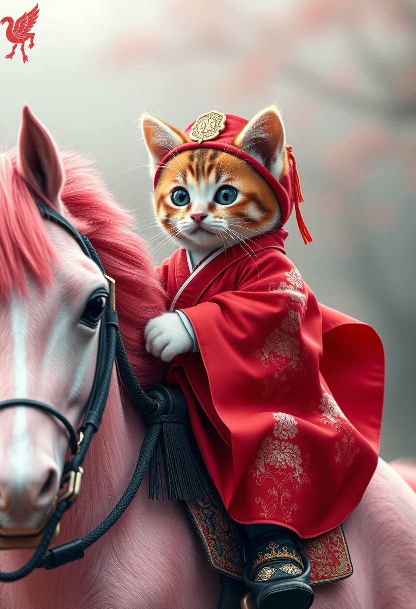 Photorealistic, photographic, high resolution, high detailed, 8K, cute kitten as a Japanese Warring States Period princess, wearing a red kimono and riding a pink horse, raw style.