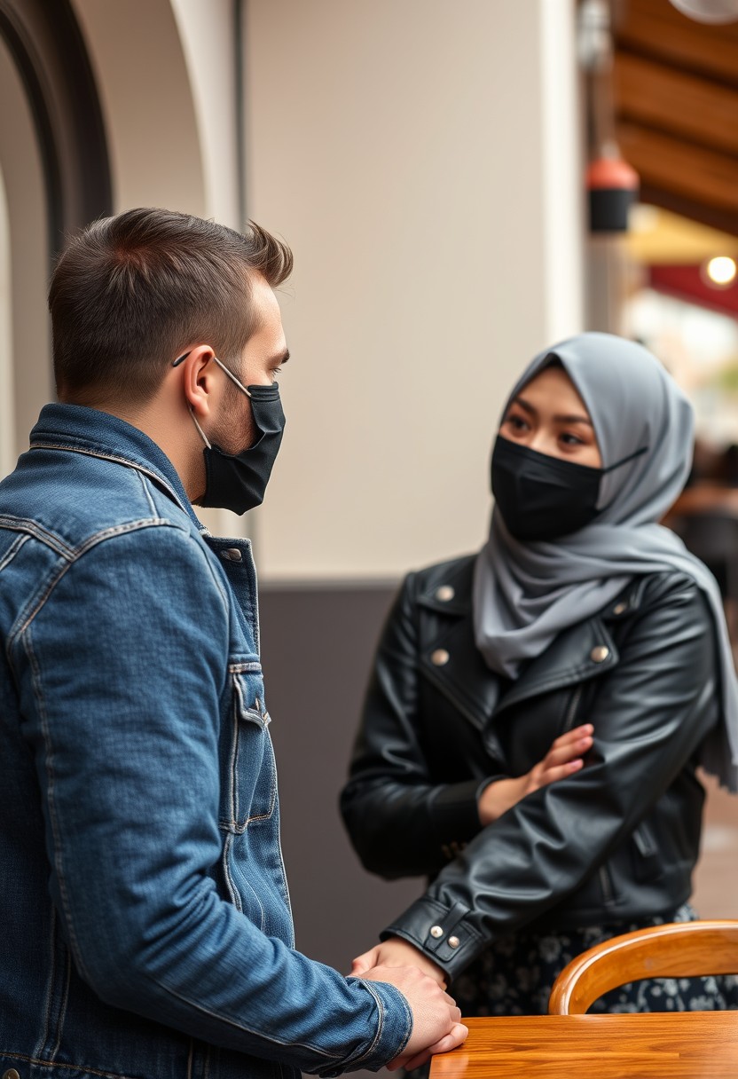 Jamie Dornan's head and body shot, handsome, black face mask, blue jeans jacket, jeans, dating, love couple with a grey hijab Muslim girl, beautiful eyes, black face mask, black leather jacket, biggest pattern skirt, talking at a café, photorealistic.