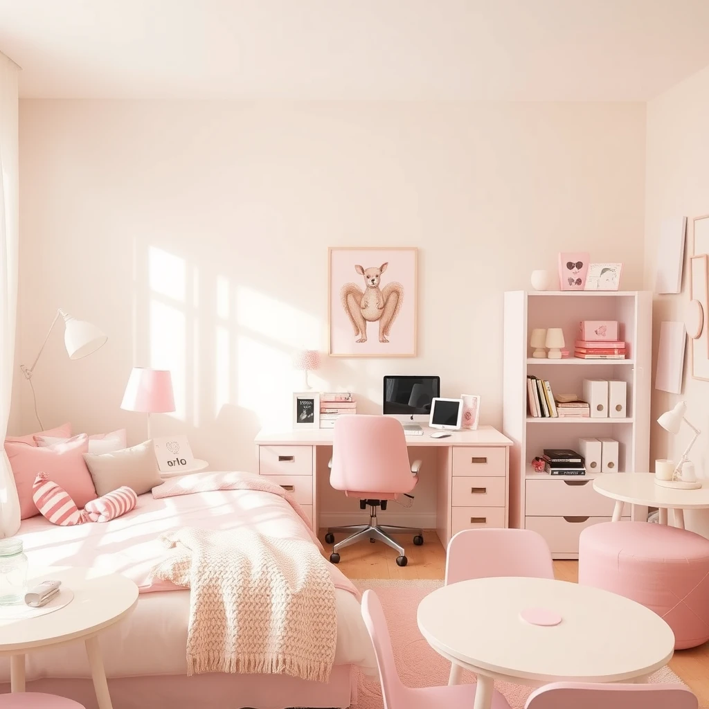 Make a girl's room warm and cozy, with light pink furniture and decorations, a computer, mobile phone, pillows, tables, and chairs. - Image