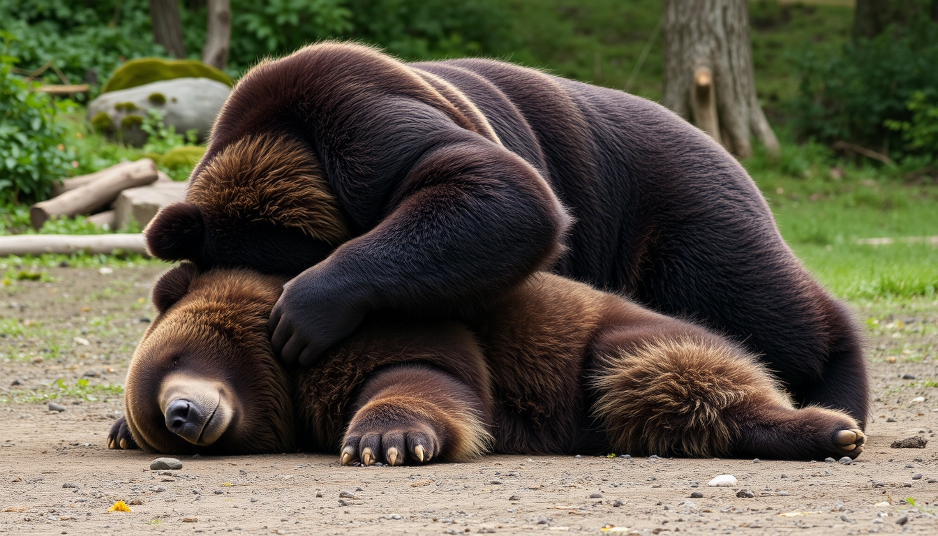 A strong, muscular black bear is pinning down a stronger, muscular brown bear lying on the ground, in the style of Furui. - Image