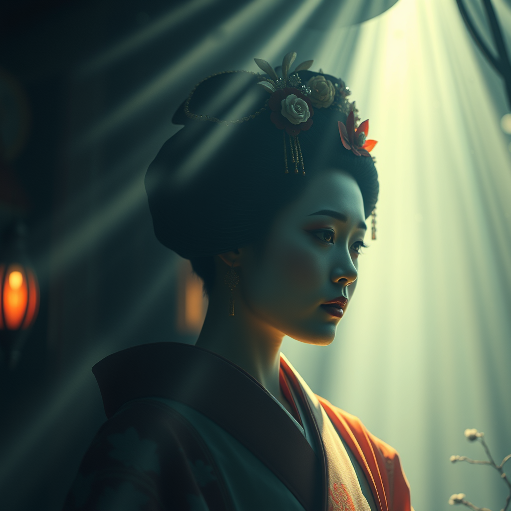 Peculiar environment with god rays, geisha, 8K resolution, Blender, close-up - Image