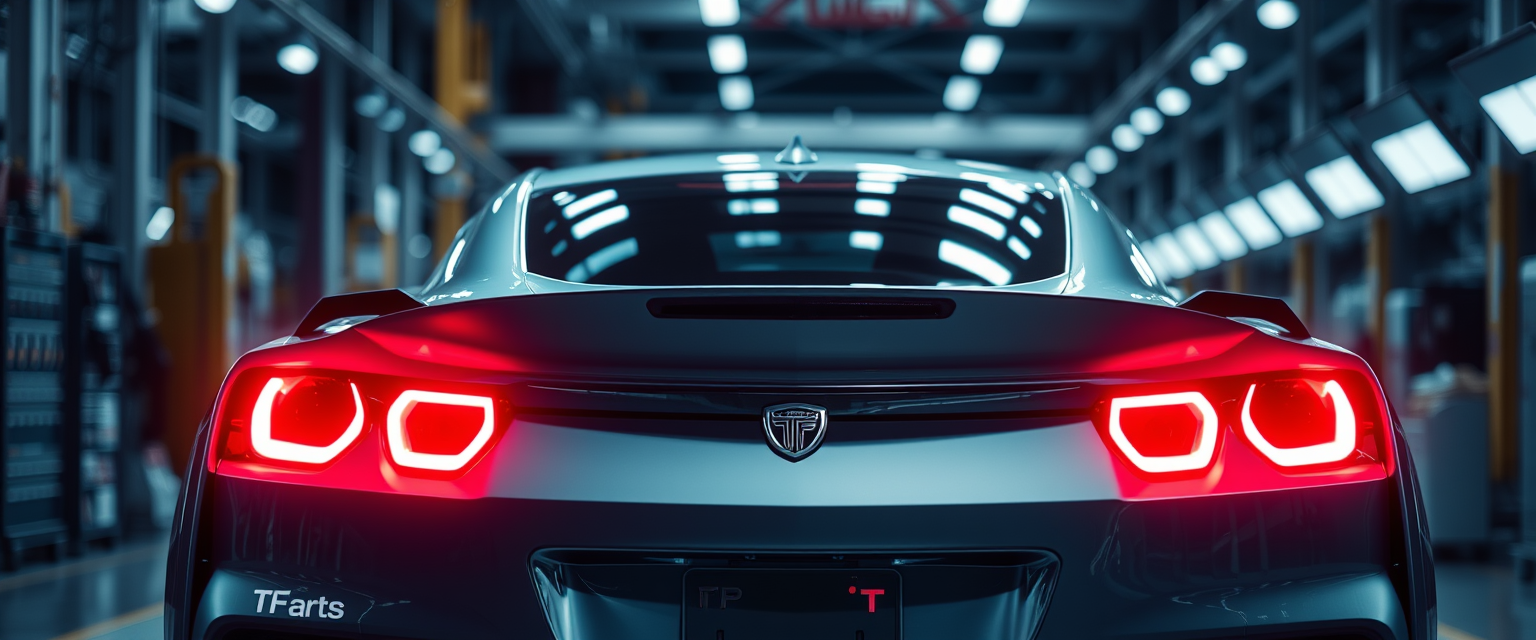 TF car in a factory with lights reflecting off the car's rear body, and the backlight is illuminating the sleek car body.