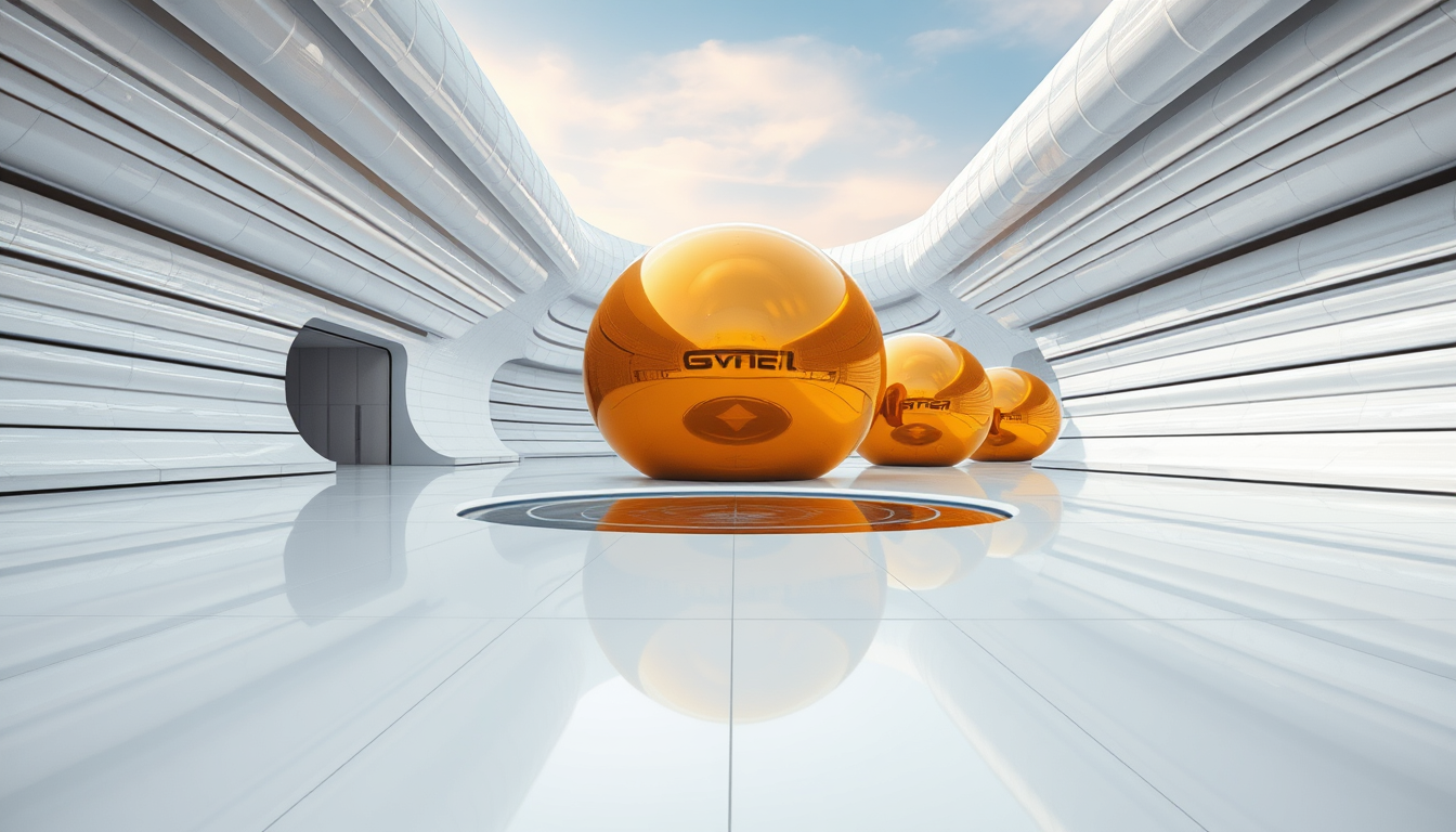 An eye-level, wide-angle shot of a fantasy, futuristic, and alien architectural square that features horizontally and vertically curved structures covered in white metallic reflective material. In the background, there are a few spherical gold objects with reflective, metallic surfaces that resemble large, smooth capsules. These objects are positioned on a sleek, ultra white shiny floor that reflects their surfaces. The focus is the sleek horizontally and vertically curved architecture covered in white metallic reflective material and a water feature. The mood is serene and cool, bursting with futuristic creativity.