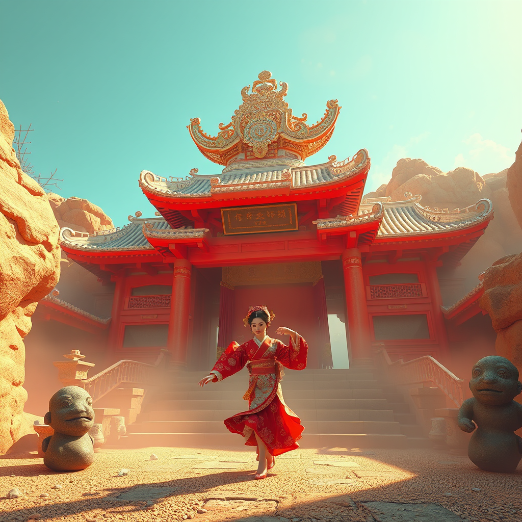 Peculiar environment with god rays, geisha dancer, 8K resolution, Blender.