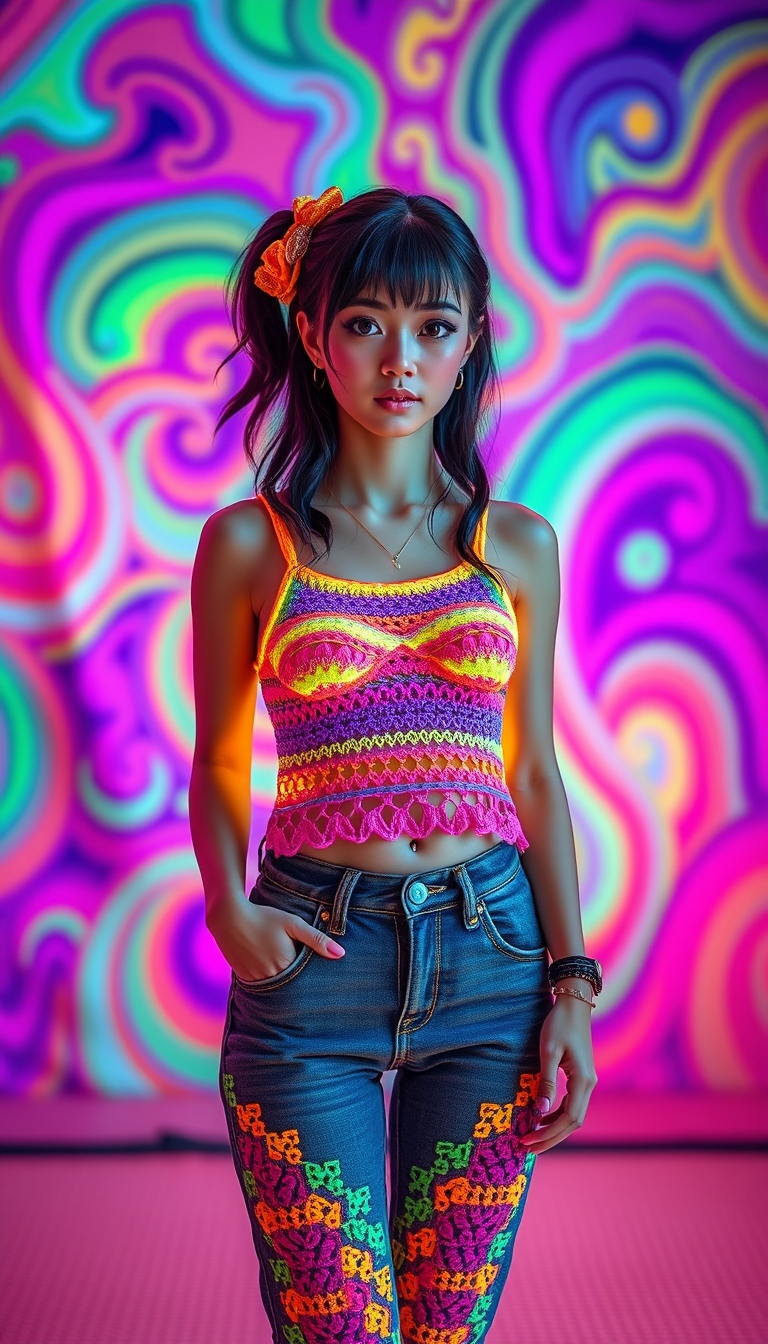 Photo of cute kawaii anime woman, psychedelic, colorful and fluorescent background, wearing colorful glowing fluorescent crochet tank top with colorful crochet jeans, in a tatami studio --ar 4:5 --style raw --v 6.1