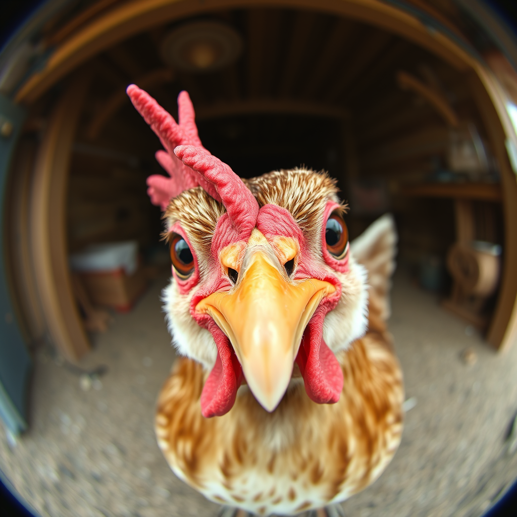 Silly fish-eye lens image of chicken staring directly into camera, befuddled look. - Image