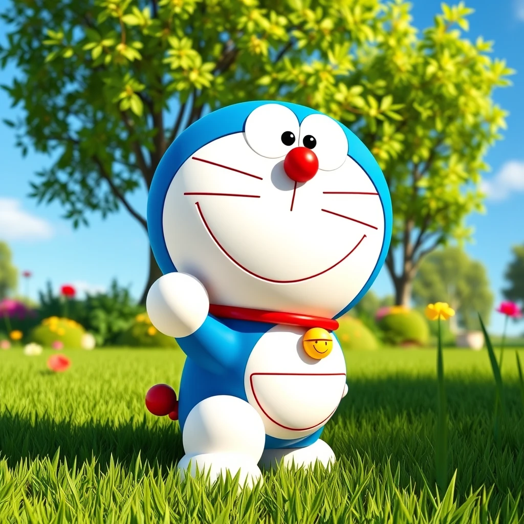 Doraemon in Pixar style, cute and expressive, vibrant colors, playful pose, sunny garden setting, lush green grass, clear blue sky, warm sunshine, cheerful and inviting atmosphere, avatar.