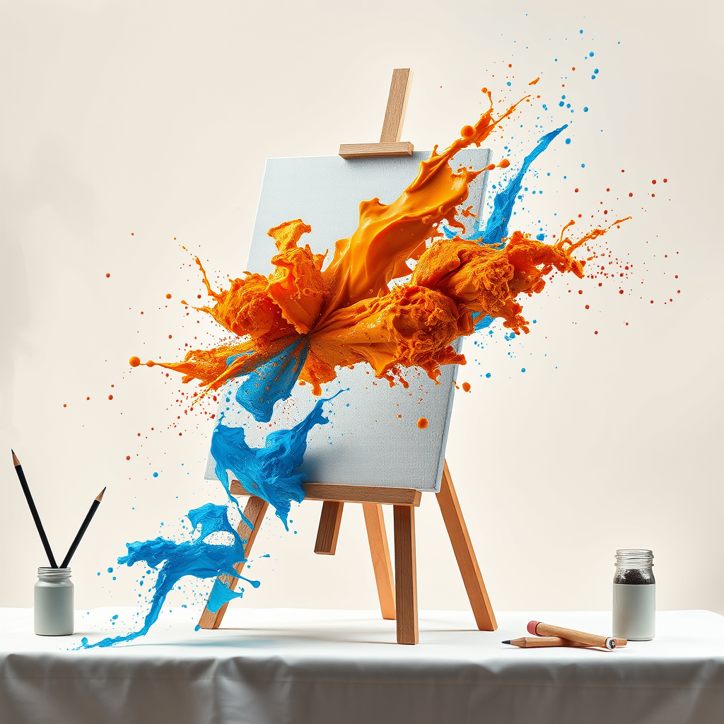 "Capture dynamic splashes of art in a flying fashion photography" with canvas as the main subject, showcasing splashes of color and sparkle including rocket pencil, orange and cyan paint, putty, fabric, special model, easel, and awesome lighting. Utilize high-speed photography for photorealistic surrealism style, with a white background and trending clean minimalist backdrop. Include Cuware, table, steam, smoke, charcoal, and art medium elements. Create 3 ad posters with pro-grade color grading, studio lighting, rim lights, layered comps, and shot with an EOS-1D X Mark III camera. Publish on 500px, Behance, and consider concept art.