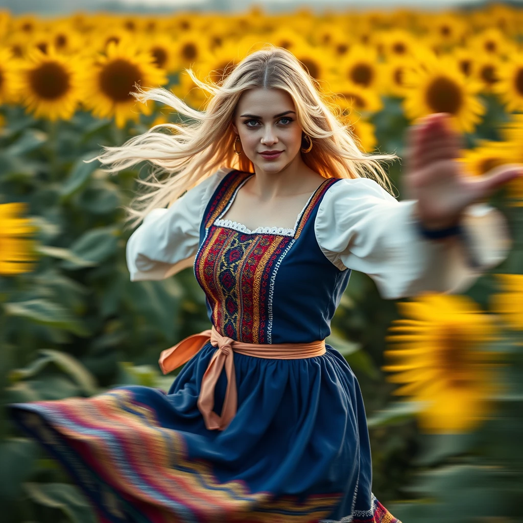 A Ukrainian woman dancing in a sunflower field, 20 years old, blonde, with light in her eyes, (Ukrainian traditional costume: 1.4), Style by Rick Remender, Motion blur, Movement, Full body, Award-winning work. - Image