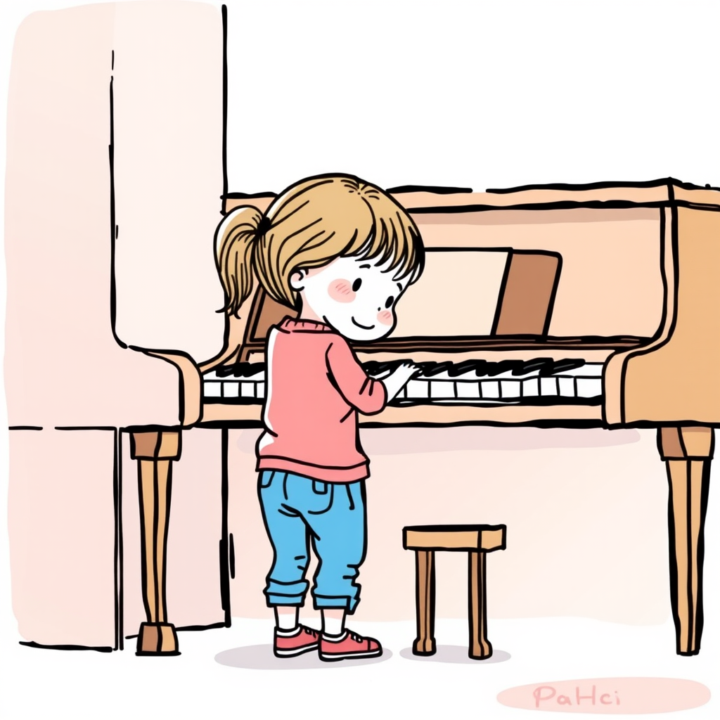 very little girl standing playing the piano color drawing cartoon style - Image