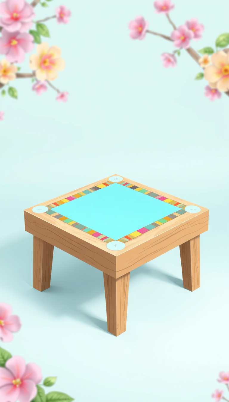 Digital illustration of a 3D table made of wood. It is a square table with legs, the top has a multicolor border and the middle part is aqua blue. The background is beautiful and matches the table design; the overall mood is playful, suitable for a kid-friendly game. - Image