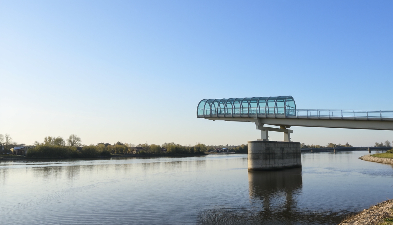 A serene river scene with a glass-bottomed bridge crossing over it.