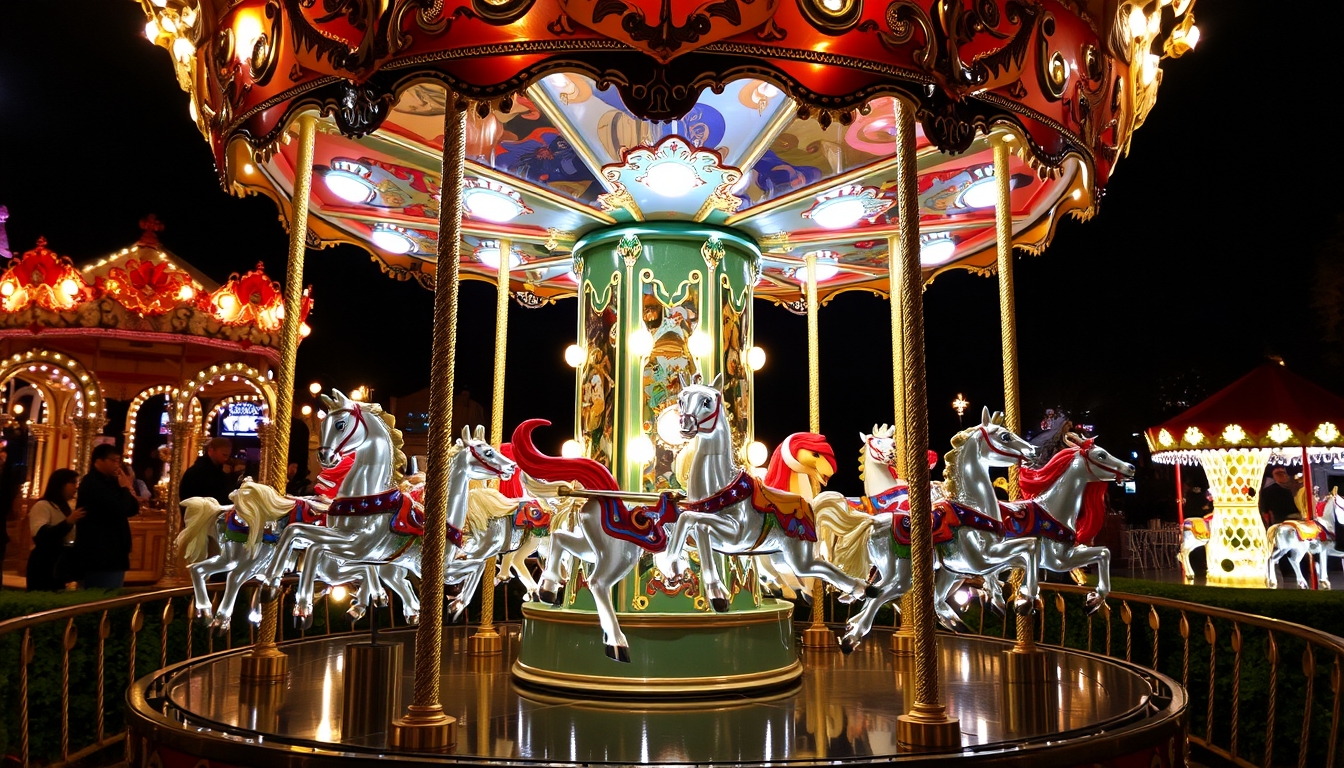 A whimsical glass carousel with beautifully detailed animals, lit up at night.