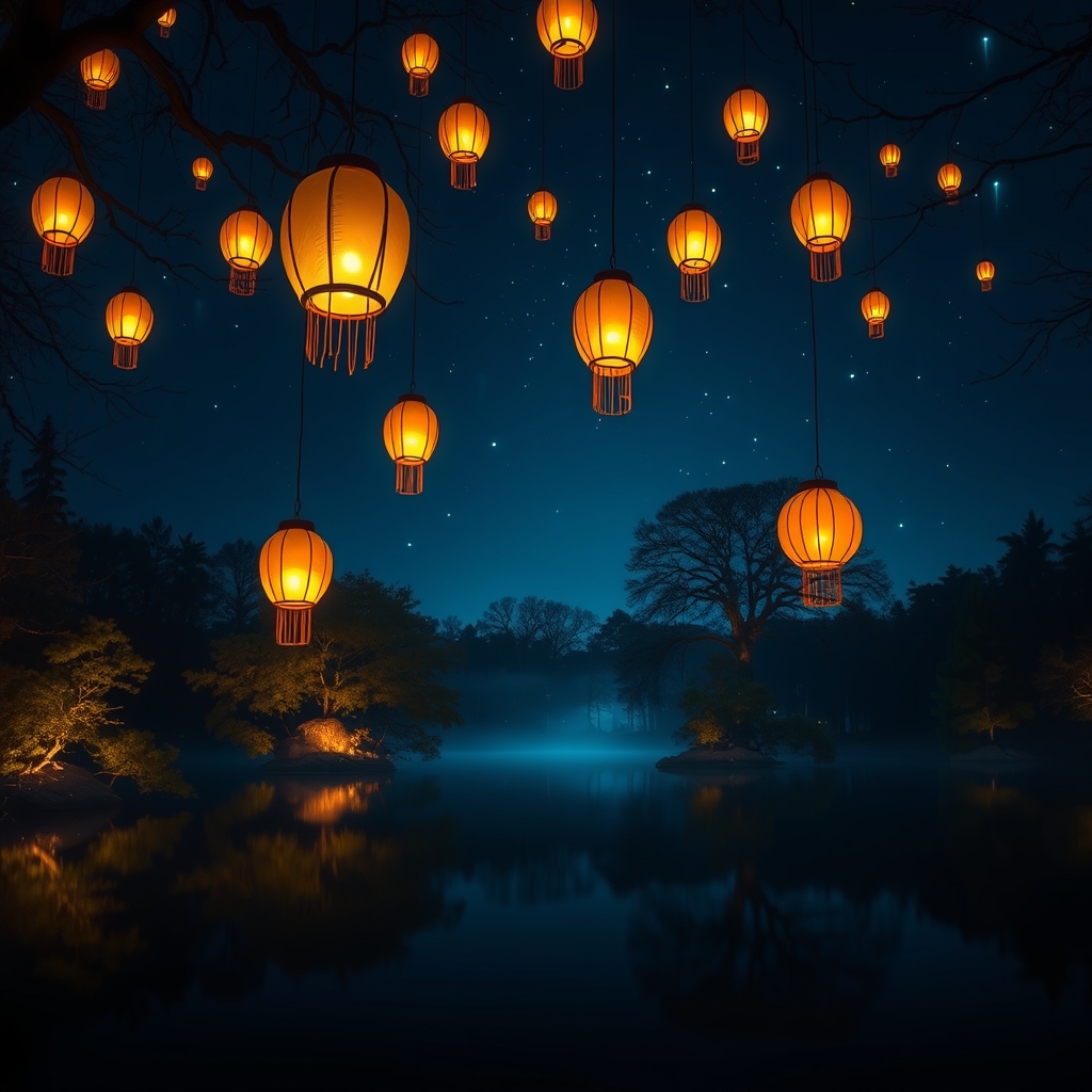 A magical night scene with glowing lanterns hanging over a still lake surrounded by trees. - Image