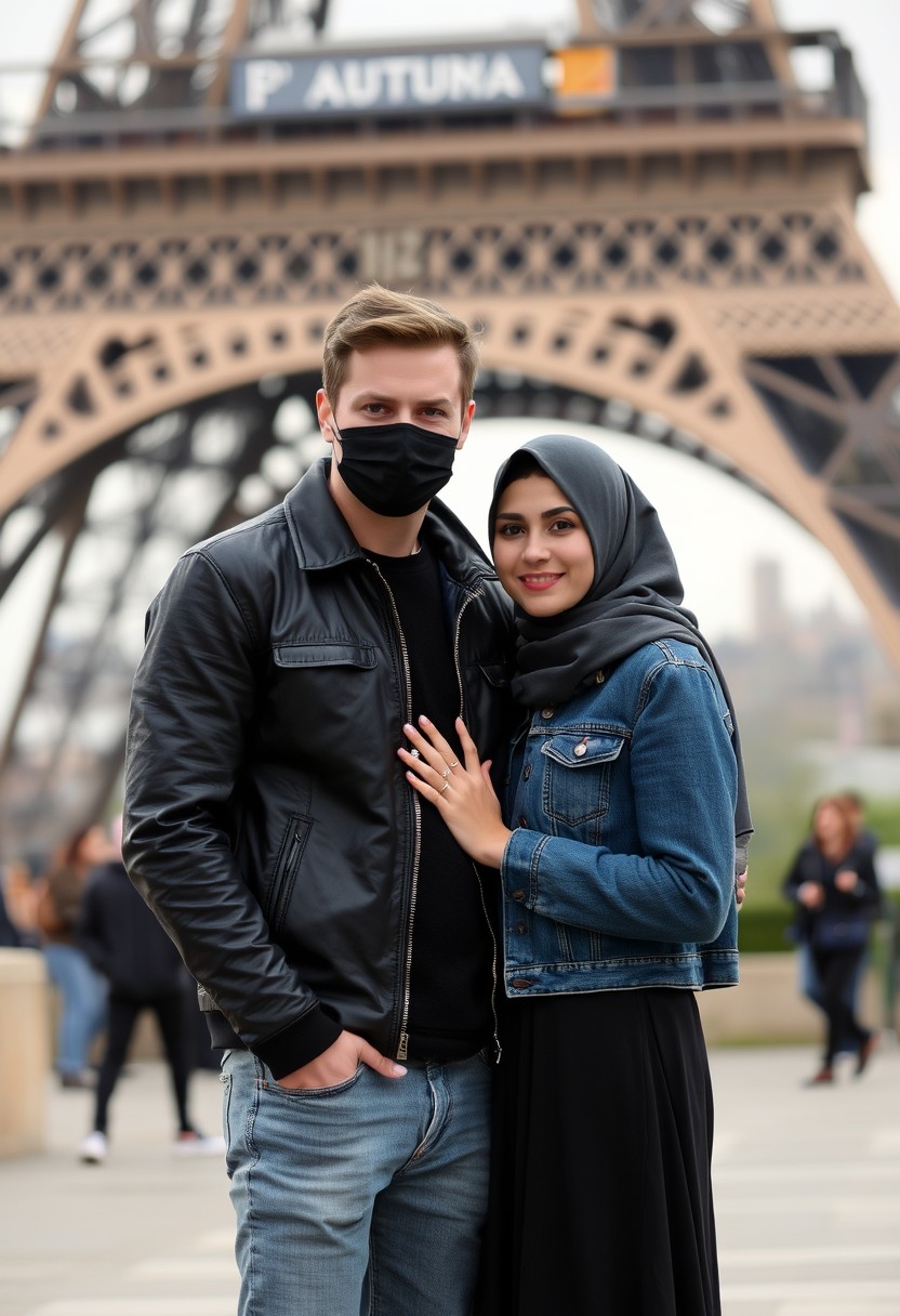 Jamie Dornan, handsome, black face mask, black leather jacket, jeans, dating, love couple with the biggest hijab Muslim girl, beautiful eyes, black face mask, jeans jacket, biggest skirt, wedding rings, Eiffel Tower, realistic, street photography.