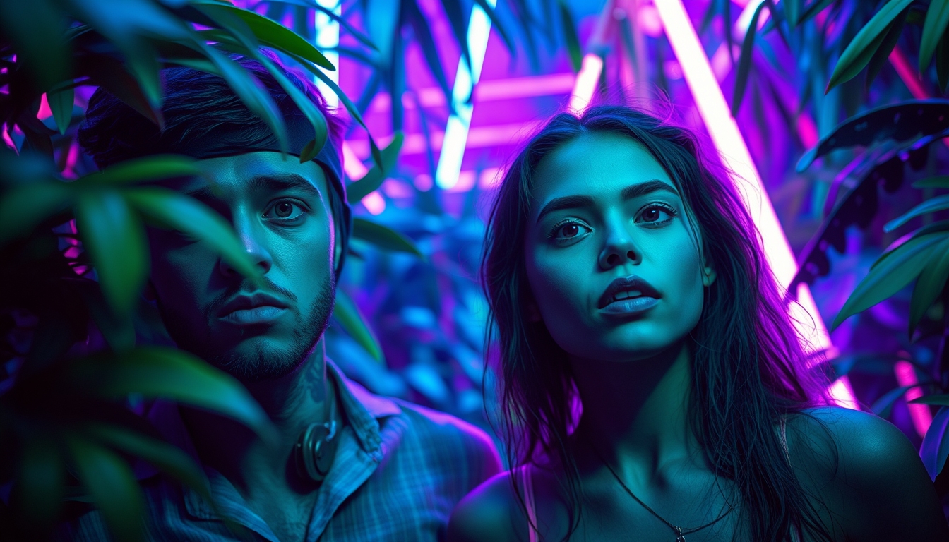 Focus shifts to the male and female, amazed and slightly disoriented by this futuristic environment. The lighting here is cooler, with a palette dominated by neon purples, blues, and greens, adding to the surreal experience. Surreal and vivid, combining the raw, untamed beauty of the Amazon Jungle with otherworldly psychedelic visuals and futuristic, neon-lit cyberpunk elements.