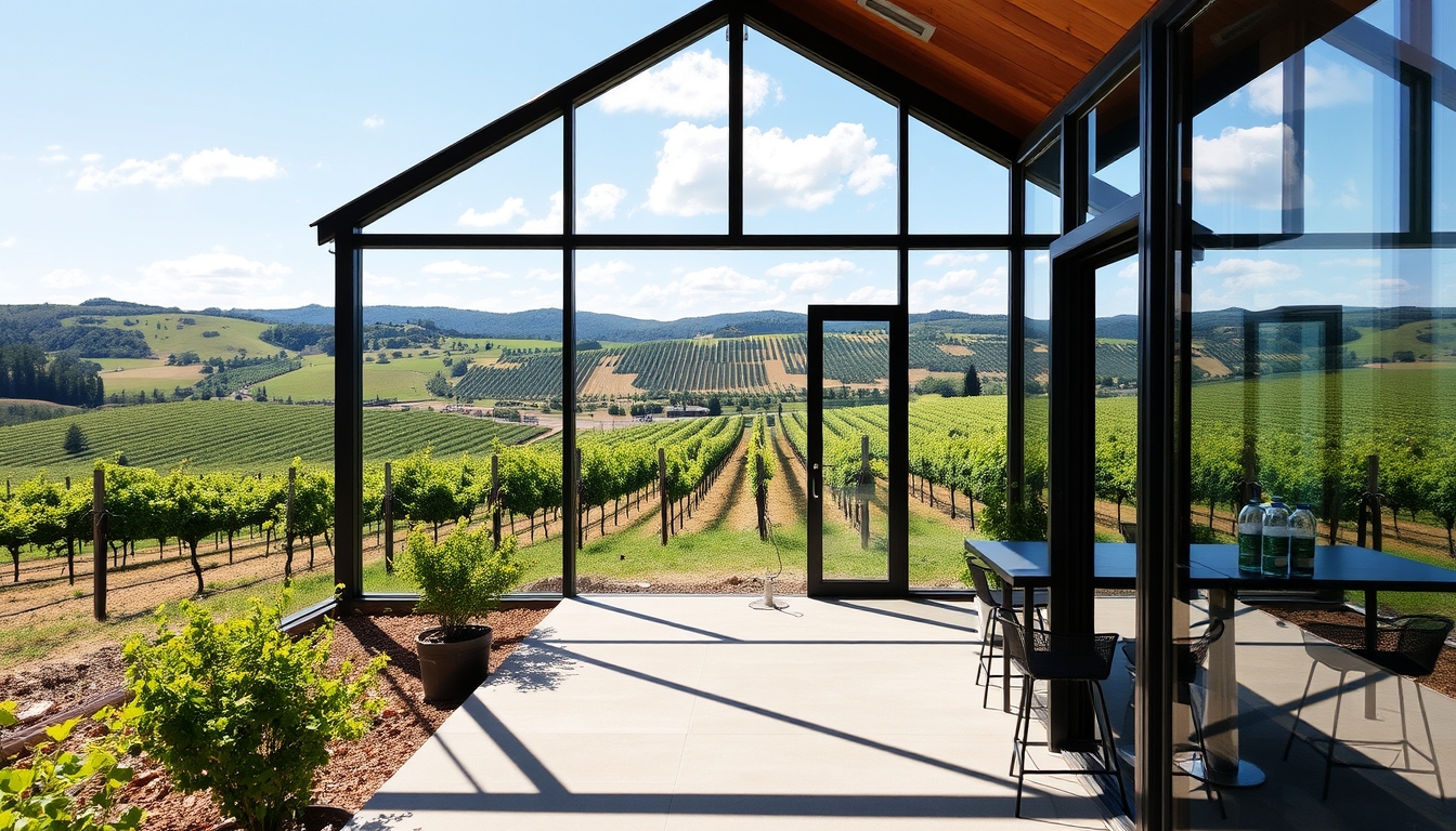 A picturesque vineyard with a glass-walled tasting room overlooking the grapevines.